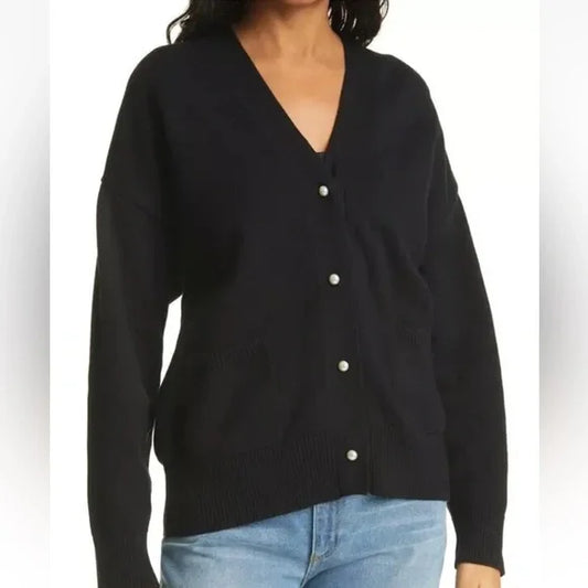 Paola Wool Blend Pearl Button Black Cardigan